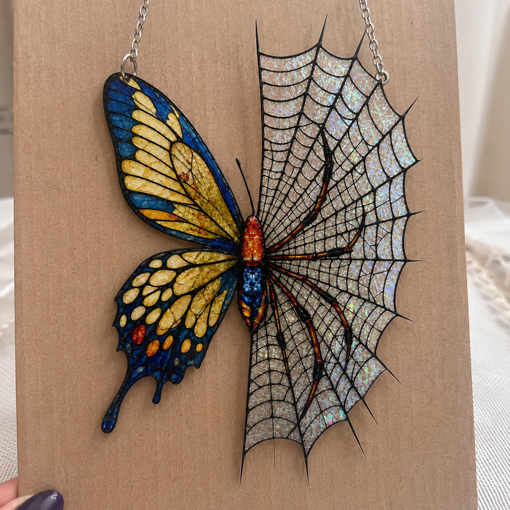 Yellow Butterfly on Spider Web Holographic Acrylic Suncatcher