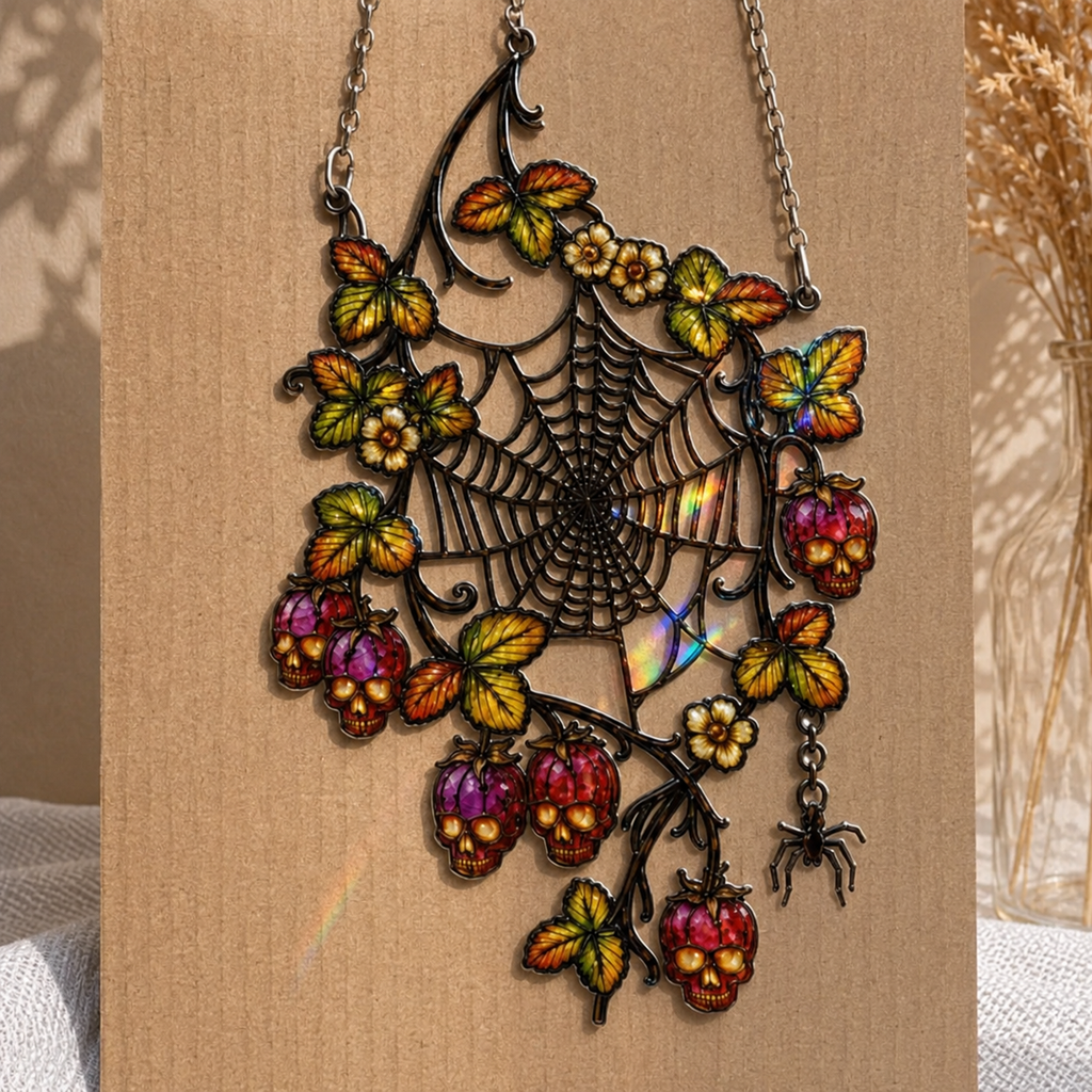 Spider Web with Autumn Berries Holographic Acrylic Suncatcher