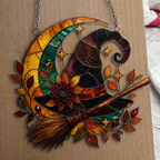 Witch Hat & Broom on Crescent Moon Holographic Acrylic Suncatcher