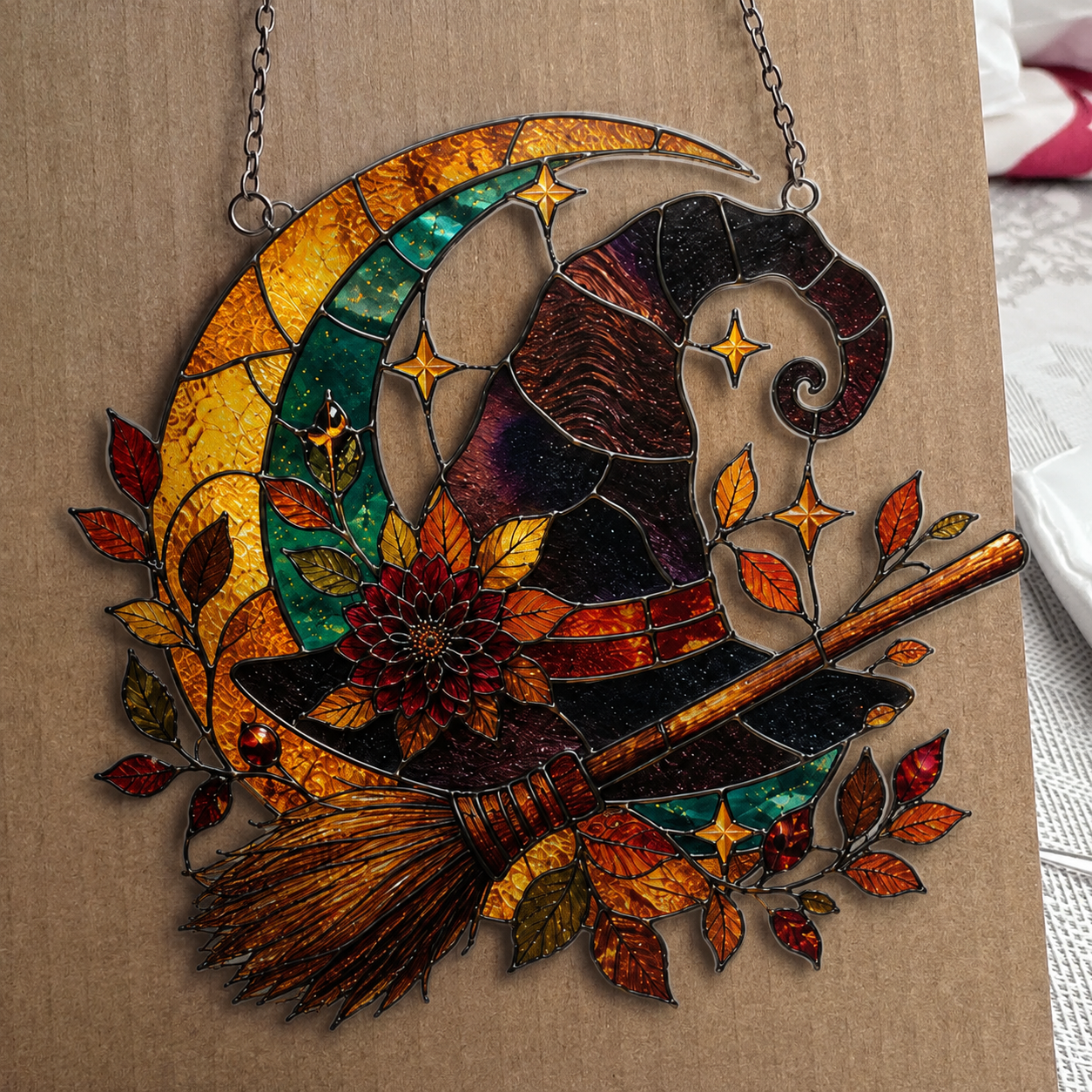 Witch Hat & Broom on Crescent Moon Holographic Acrylic Suncatcher