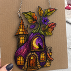 Purple Witch Cottage with Crescent Moon Holographic Acrylic Suncatcher