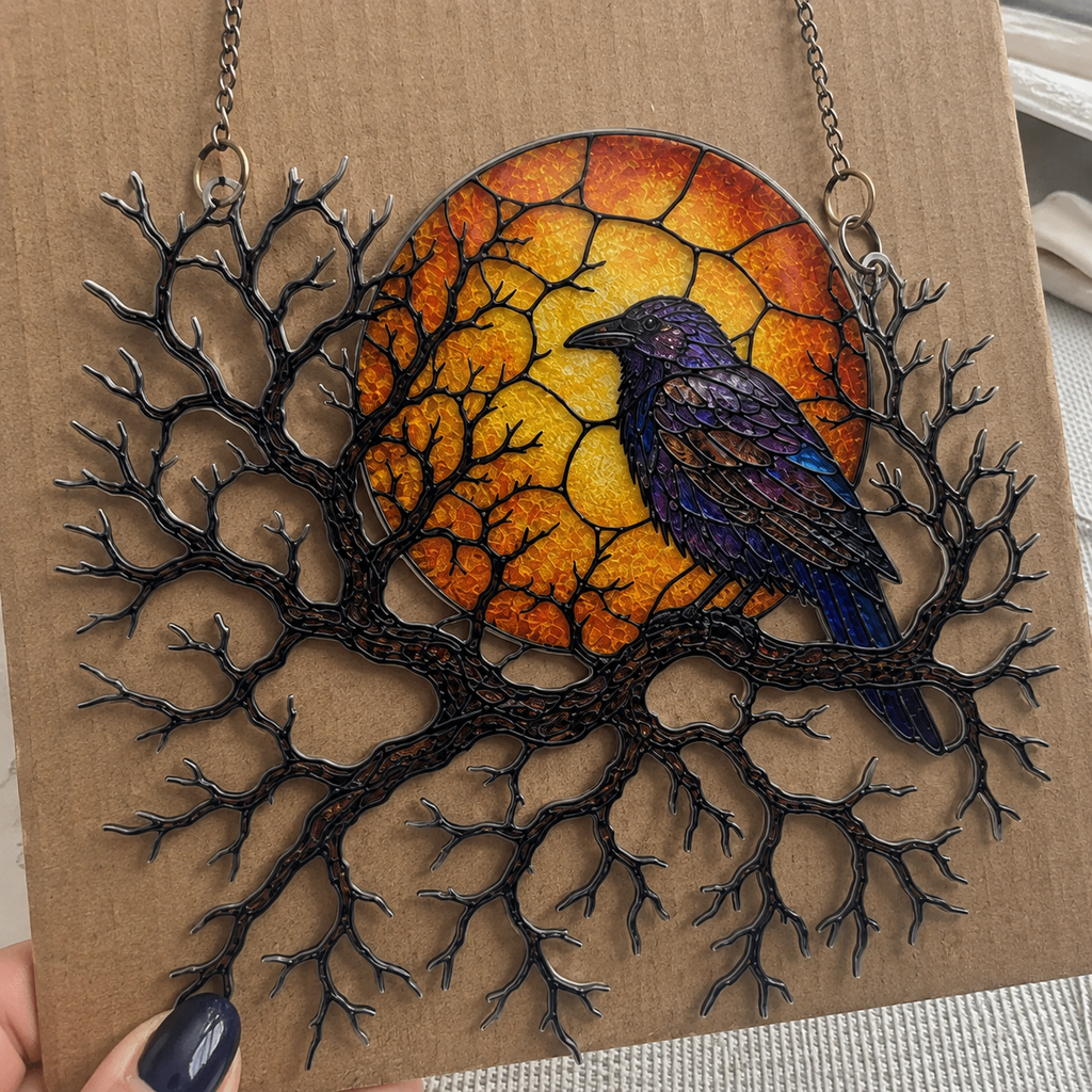 Raven on Branch with Harvest Moon Holographic Acrylic Suncatcher