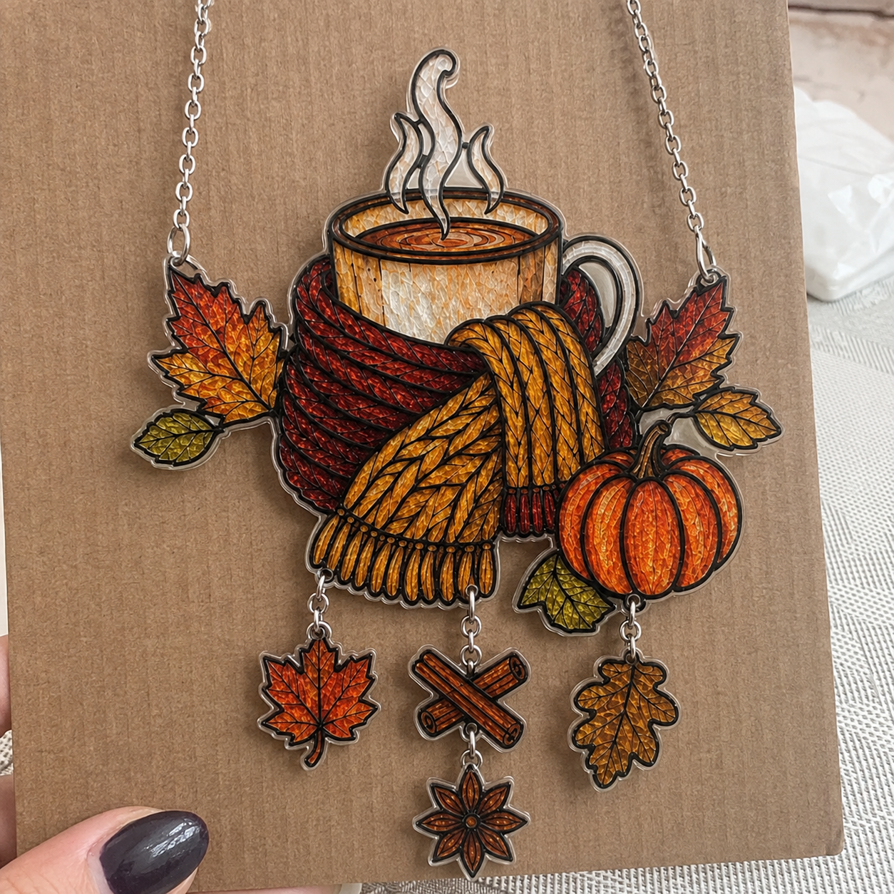 Cozy Autumn Coffee Mug with Pumpkins Holographic Acrylic Suncatcher