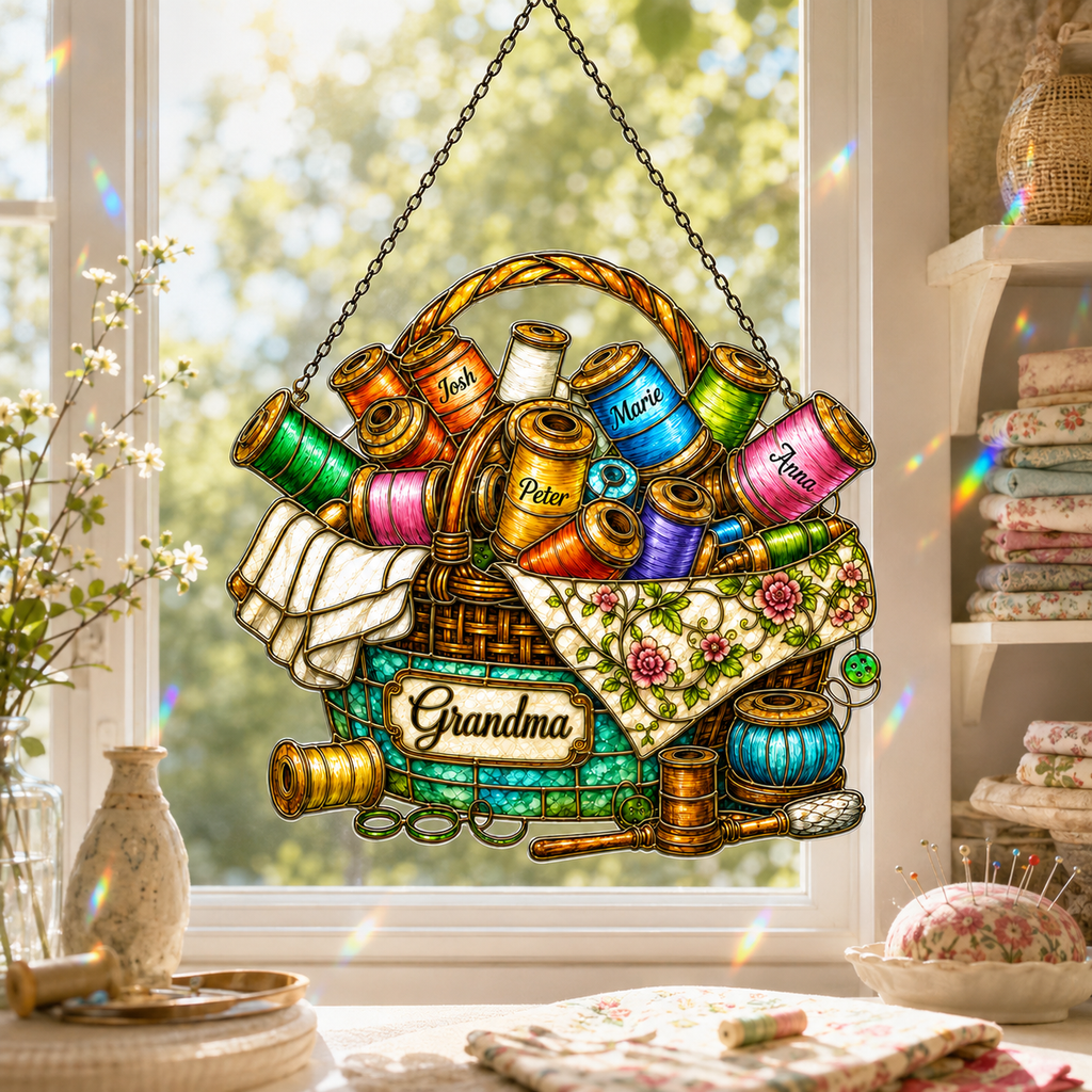 Personalized Grandma Sewing Basket Holographic Acrylic Suncatcher
