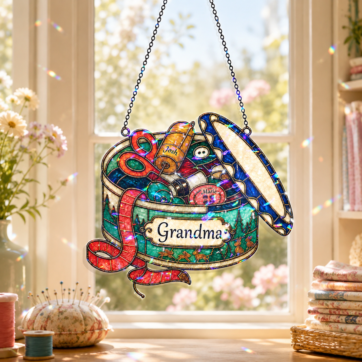Personalized Grandma Sewing Box Holographic Acrylic Suncatcher