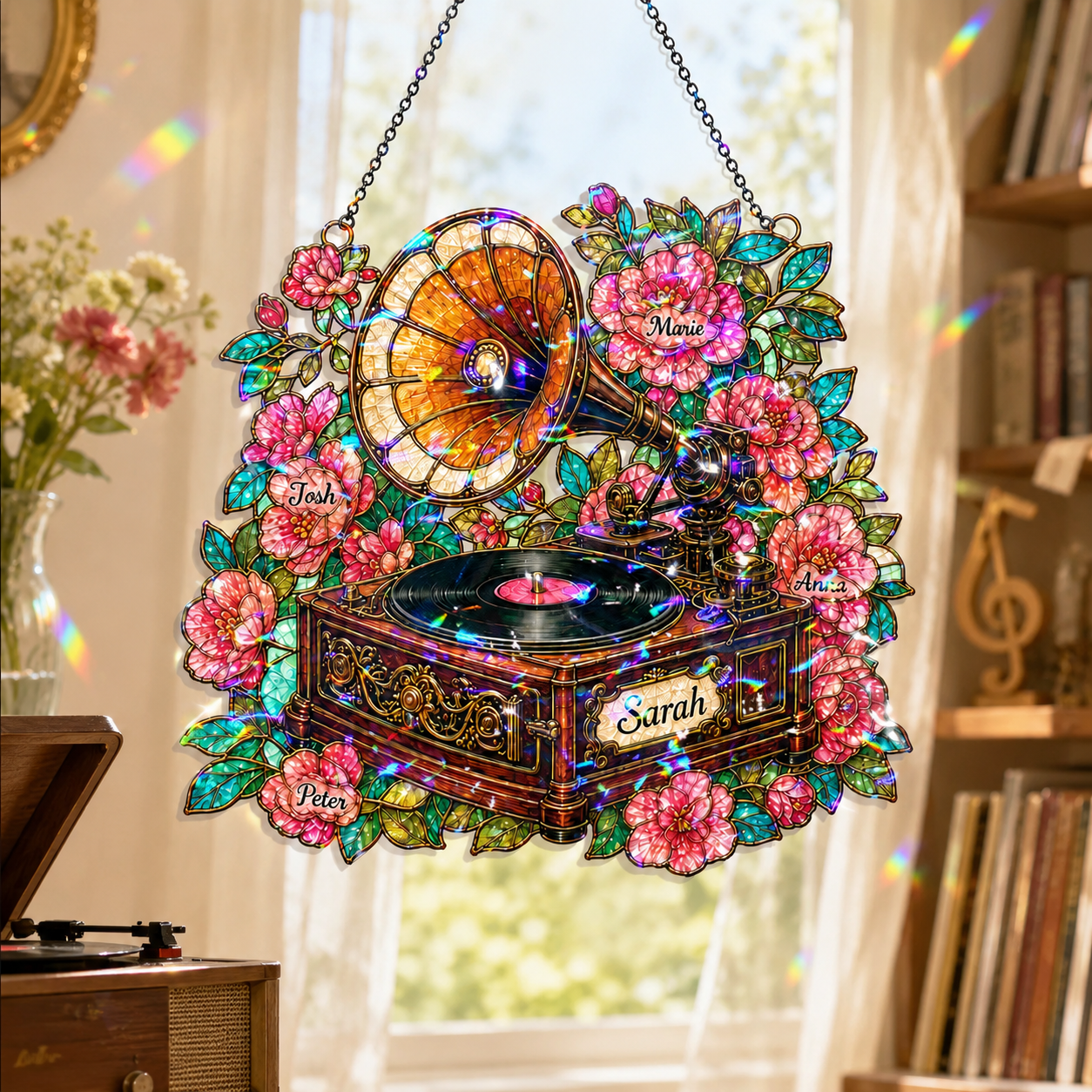 Personalized Vintage Gramophone Holographic Acrylic Suncatcher