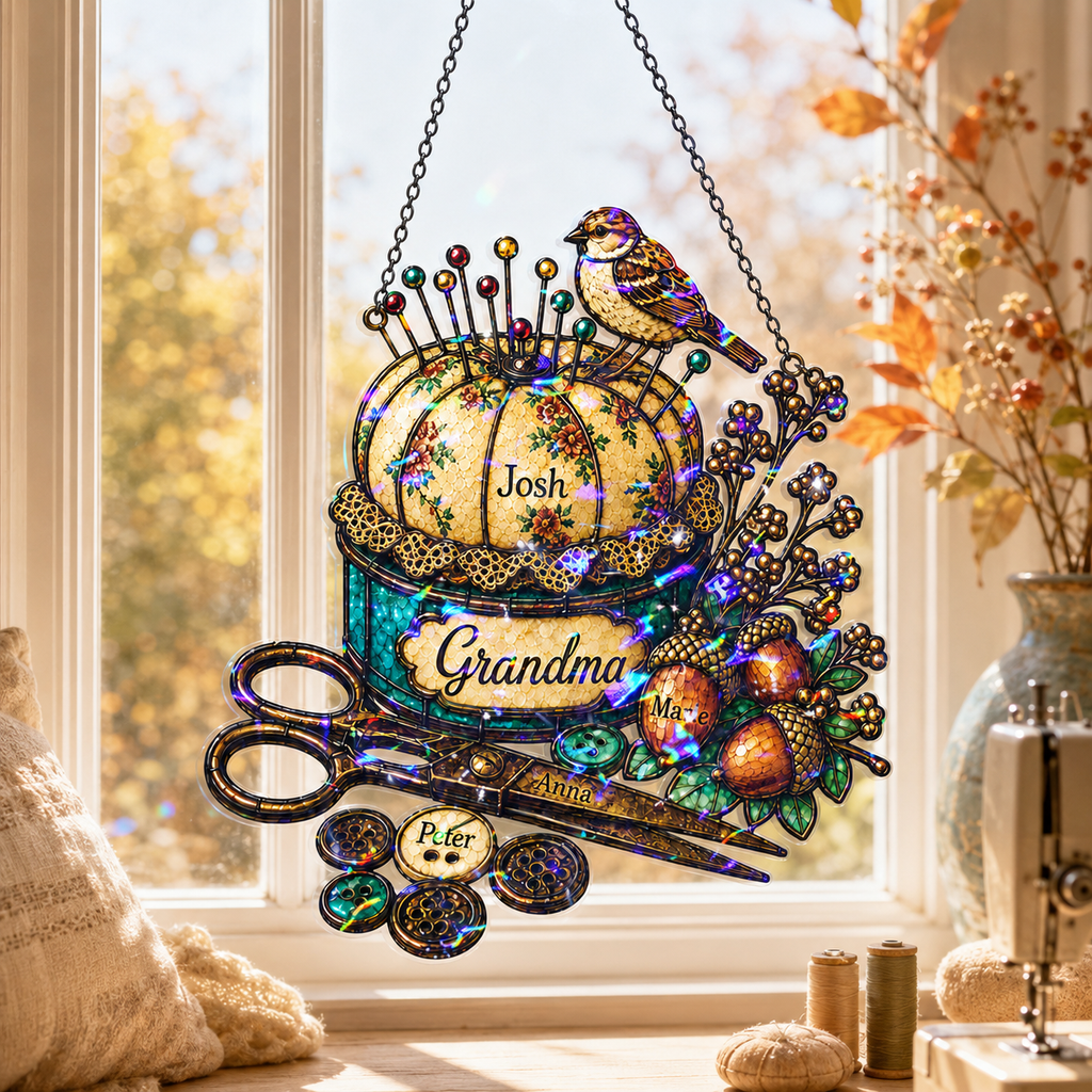 Personalized Grandma Pincushion & Sparrow Holographic Acrylic Suncatcher