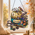 Personalized Grandma Pincushion & Sparrow Holographic Acrylic Suncatcher