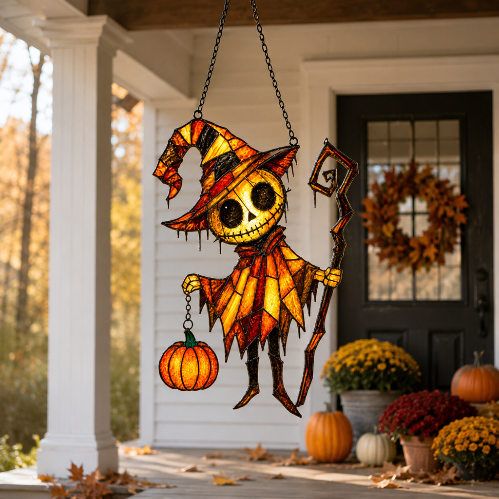 Pumpkin Head Skeleton in Witch Hat Holographic Acrylic Suncatcher