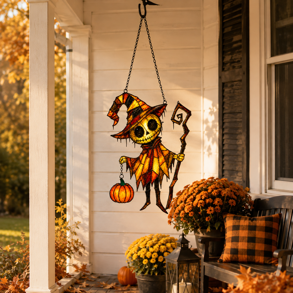 Pumpkin Head Skeleton in Witch Hat Holographic Acrylic Suncatcher