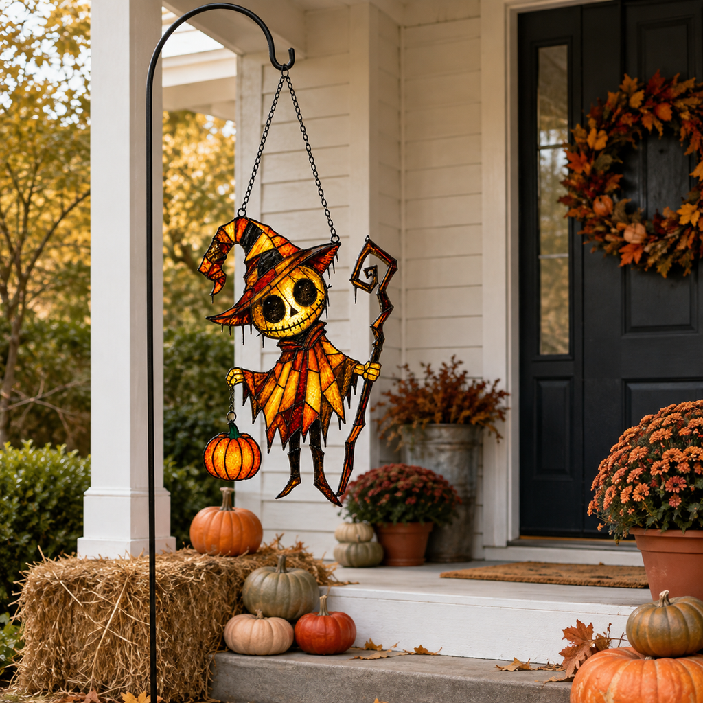 Pumpkin Head Skeleton in Witch Hat Holographic Acrylic Suncatcher