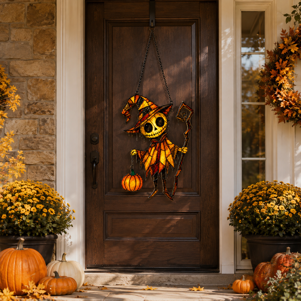 Pumpkin Head Skeleton in Witch Hat Holographic Acrylic Suncatcher