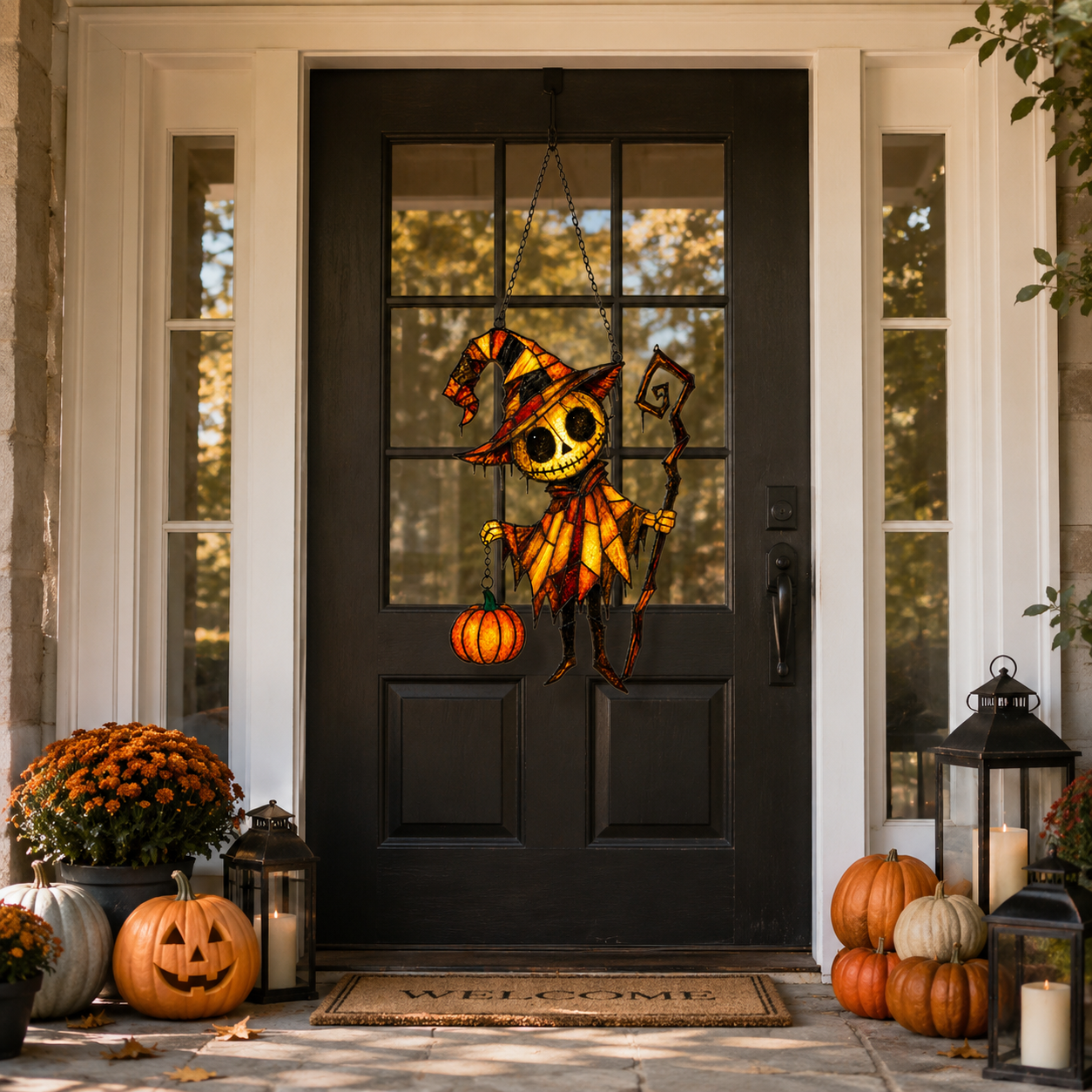 Pumpkin Head Skeleton in Witch Hat Holographic Acrylic Suncatcher