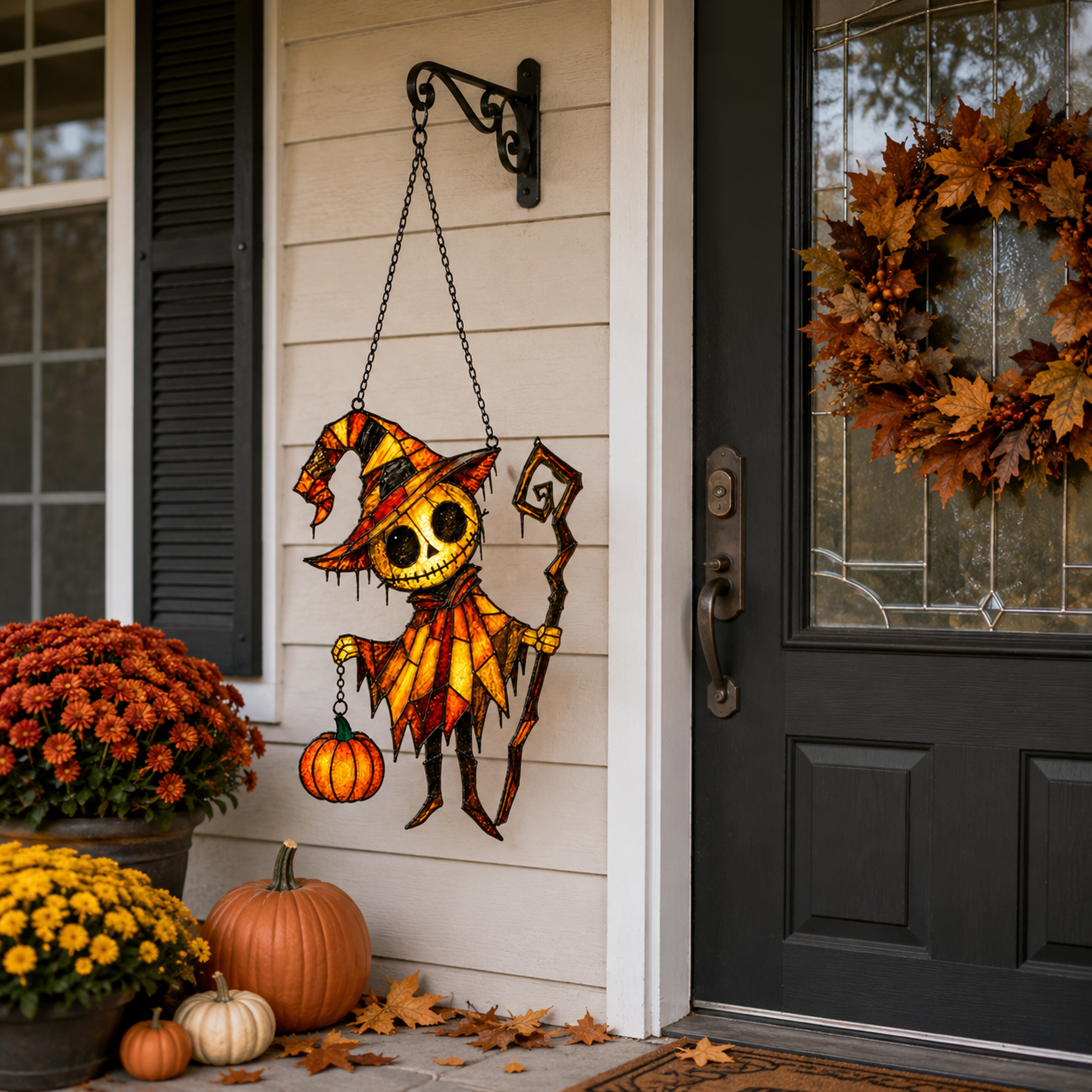 Pumpkin Head Skeleton in Witch Hat Holographic Acrylic Suncatcher