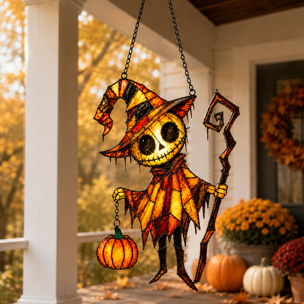 Pumpkin Head Skeleton in Witch Hat Holographic Acrylic Suncatcher