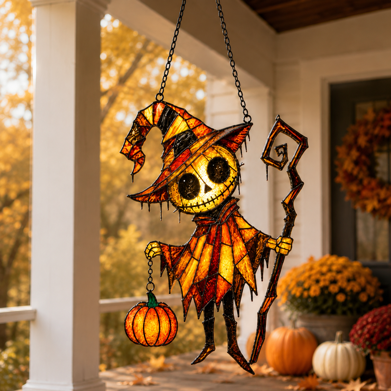Pumpkin Head Skeleton in Witch Hat Holographic Acrylic Suncatcher