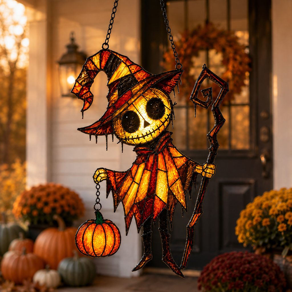 Pumpkin Head Skeleton in Witch Hat Holographic Acrylic Suncatcher