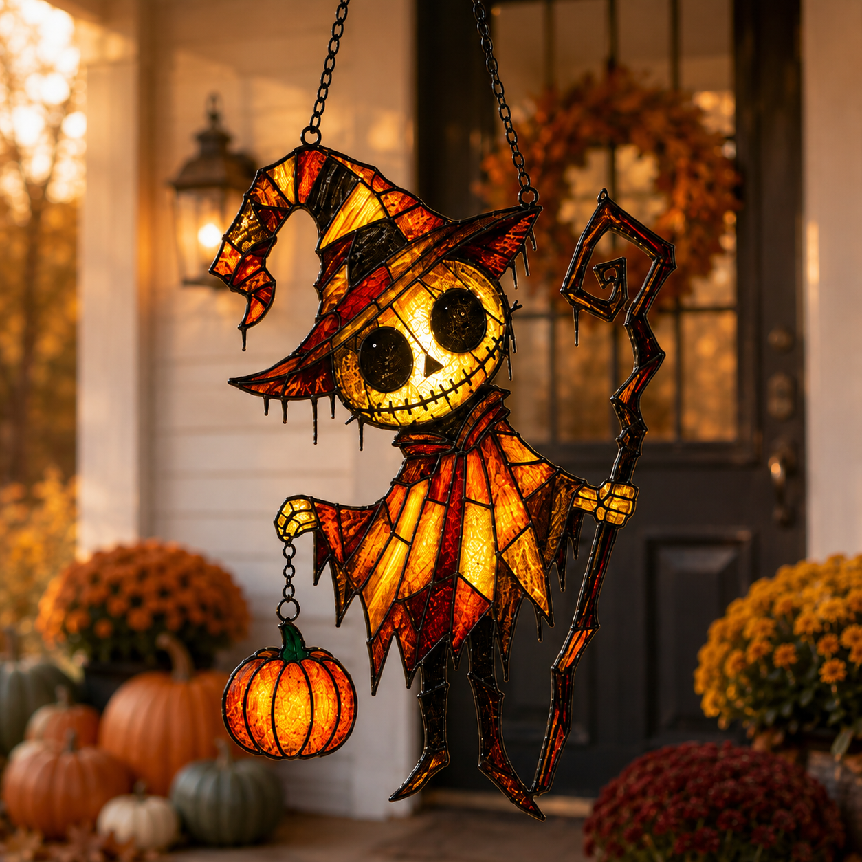 Pumpkin Head Skeleton in Witch Hat Holographic Acrylic Suncatcher