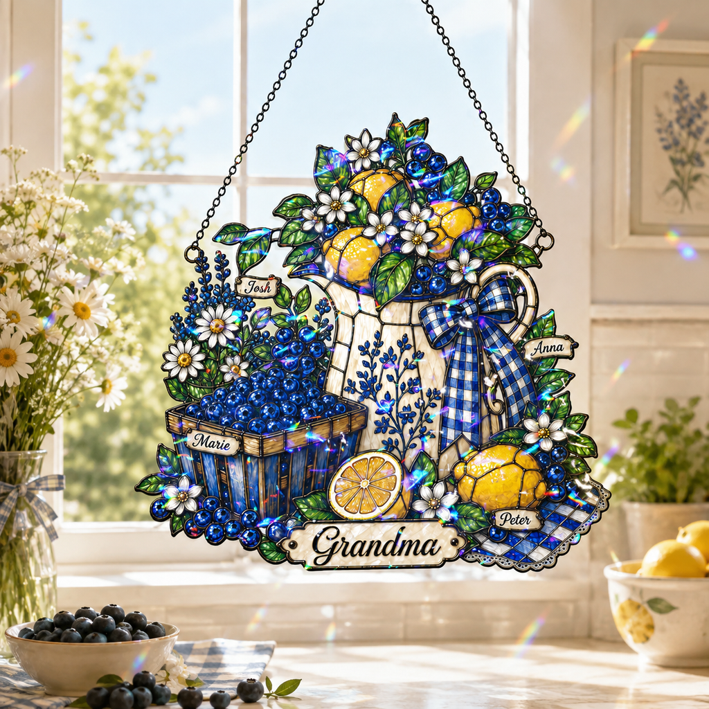 Personalized Grandma Lemon & Blueberry Pitcher Holographic Acrylic Suncatcher