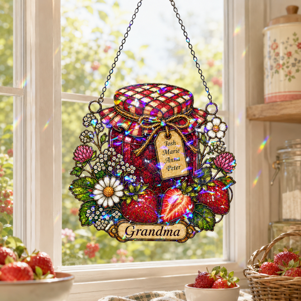 Personalized Grandma Strawberry Jam Jar Holographic Acrylic Suncatcher