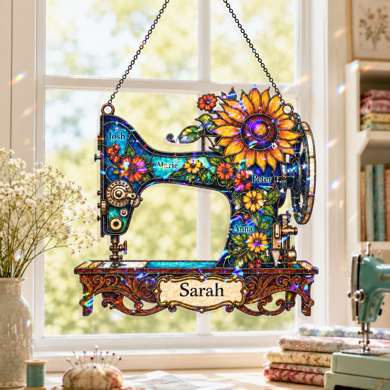 Personalized Vintage Sewing Machine & Sunflower Holographic Acrylic Suncatcher