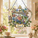 Personalized Floral Teapot Holographic Acrylic Suncatcher