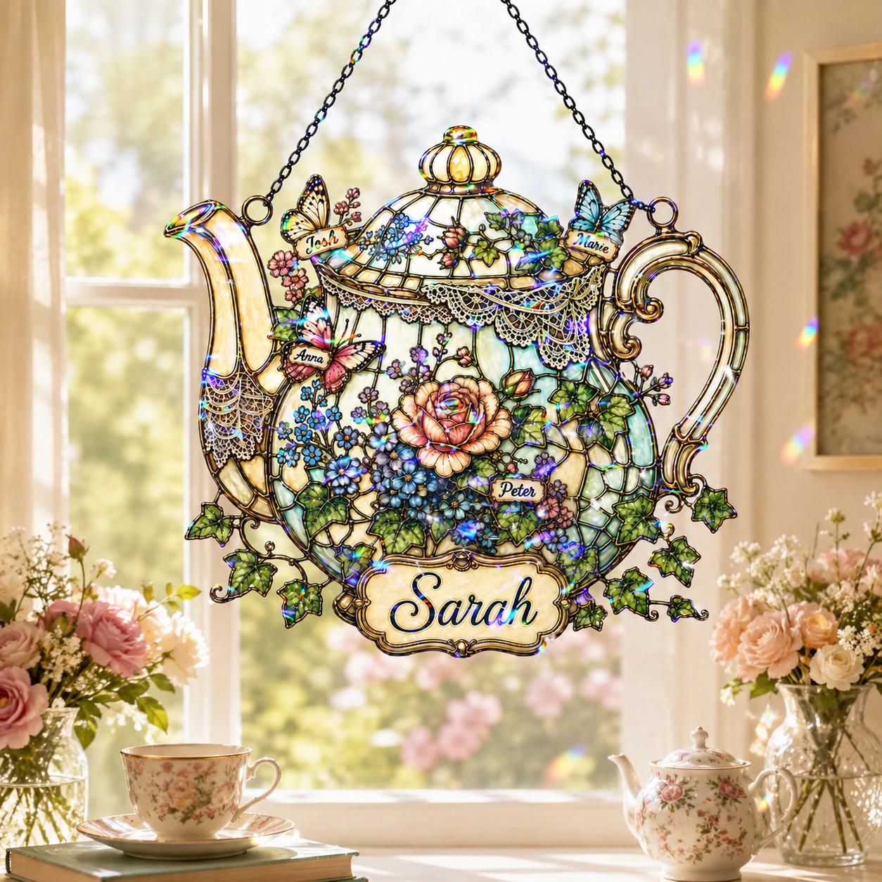 Personalized Floral Teapot Holographic Acrylic Suncatcher