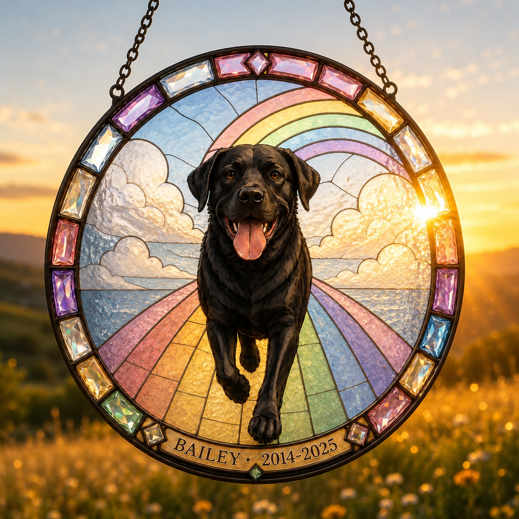 Personalized Pet Memorial Suncatcher – Rainbow Bridge Photo