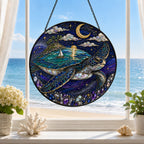 [PIXIWOO] Stained Glass Suncatcher Sea Turtle Window Hanging Decor, Ocean Turtle Island Acrylic Ornament, Moon Star Coastal Wall Art, Fantasy Beach House Sun Catcher Gift for Turtle Lovers