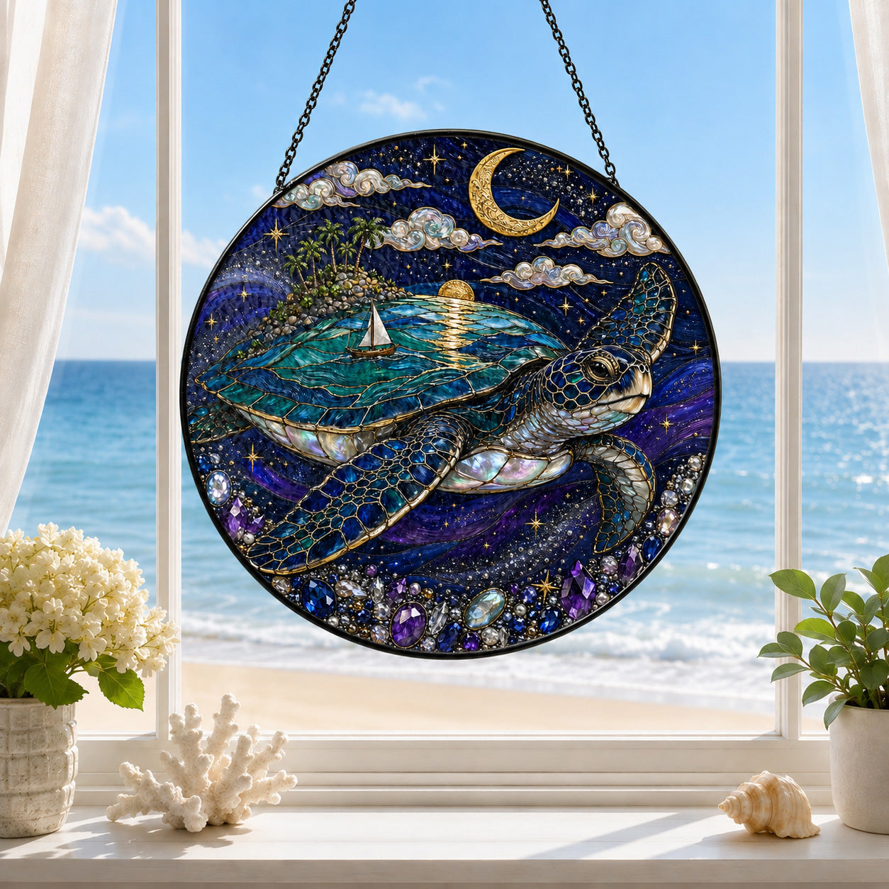 [PIXIWOO] Stained Glass Suncatcher Sea Turtle Window Hanging Decor, Ocean Turtle Island Acrylic Ornament, Moon Star Coastal Wall Art, Fantasy Beach House Sun Catcher Gift for Turtle Lovers