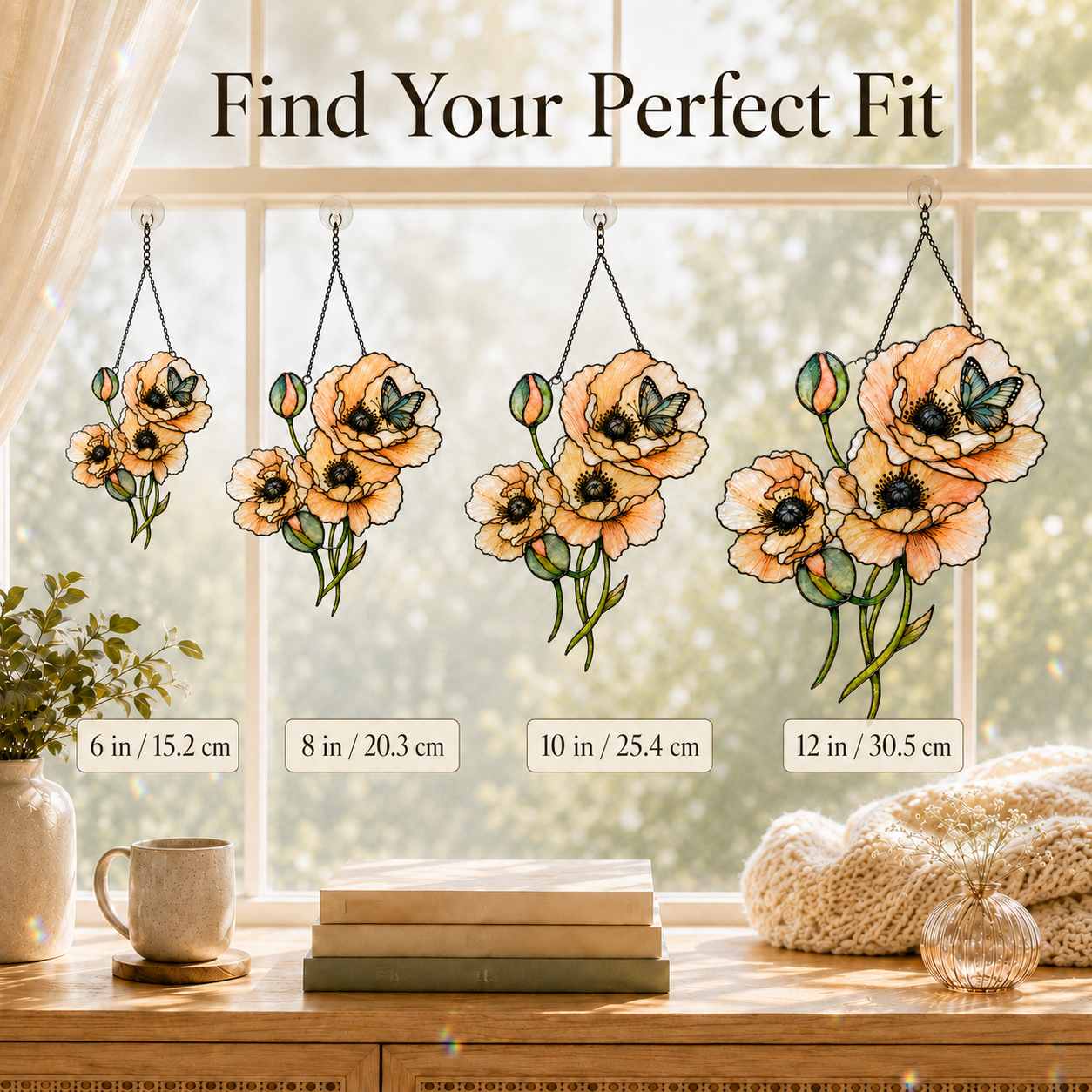 Peach Poppies & Butterfly Holographic Acrylic Suncatcher