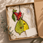 Yellow Sulphur Butterfly & Red Trumpet Flower Holographic Acrylic Suncatcher