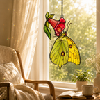Yellow Sulphur Butterfly & Red Trumpet Flower Holographic Acrylic Suncatcher