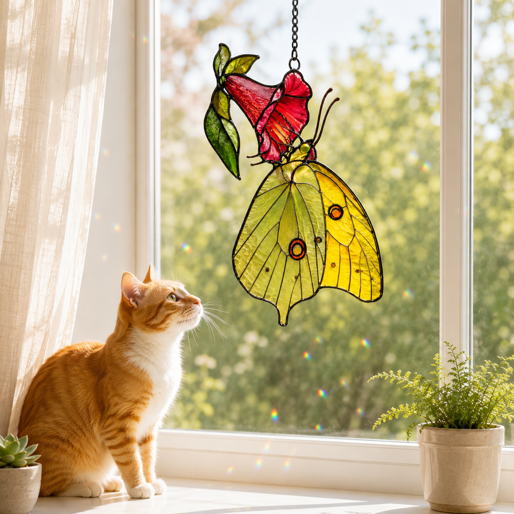 Yellow Sulphur Butterfly & Red Trumpet Flower Holographic Acrylic Suncatcher
