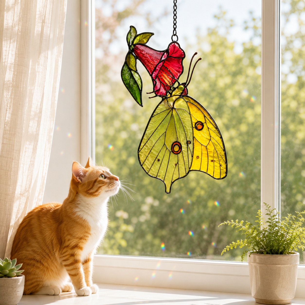 Yellow Sulphur Butterfly & Red Trumpet Flower Holographic Acrylic Suncatcher