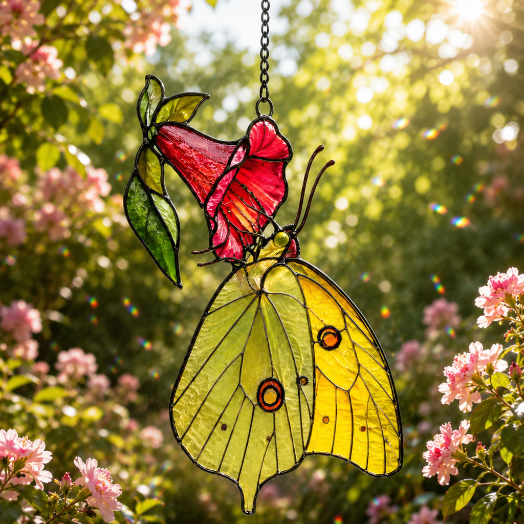 Yellow Sulphur Butterfly & Red Trumpet Flower Holographic Acrylic Suncatcher