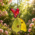 Yellow Sulphur Butterfly & Red Trumpet Flower Holographic Acrylic Suncatcher