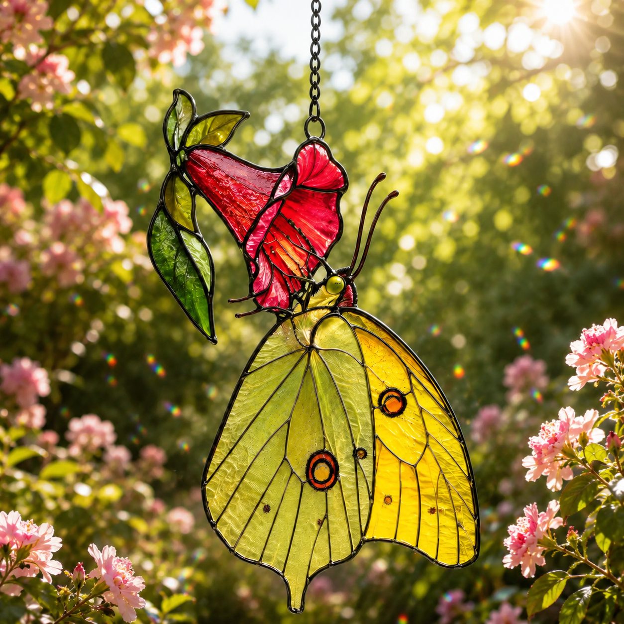 Yellow Sulphur Butterfly & Red Trumpet Flower Holographic Acrylic Suncatcher