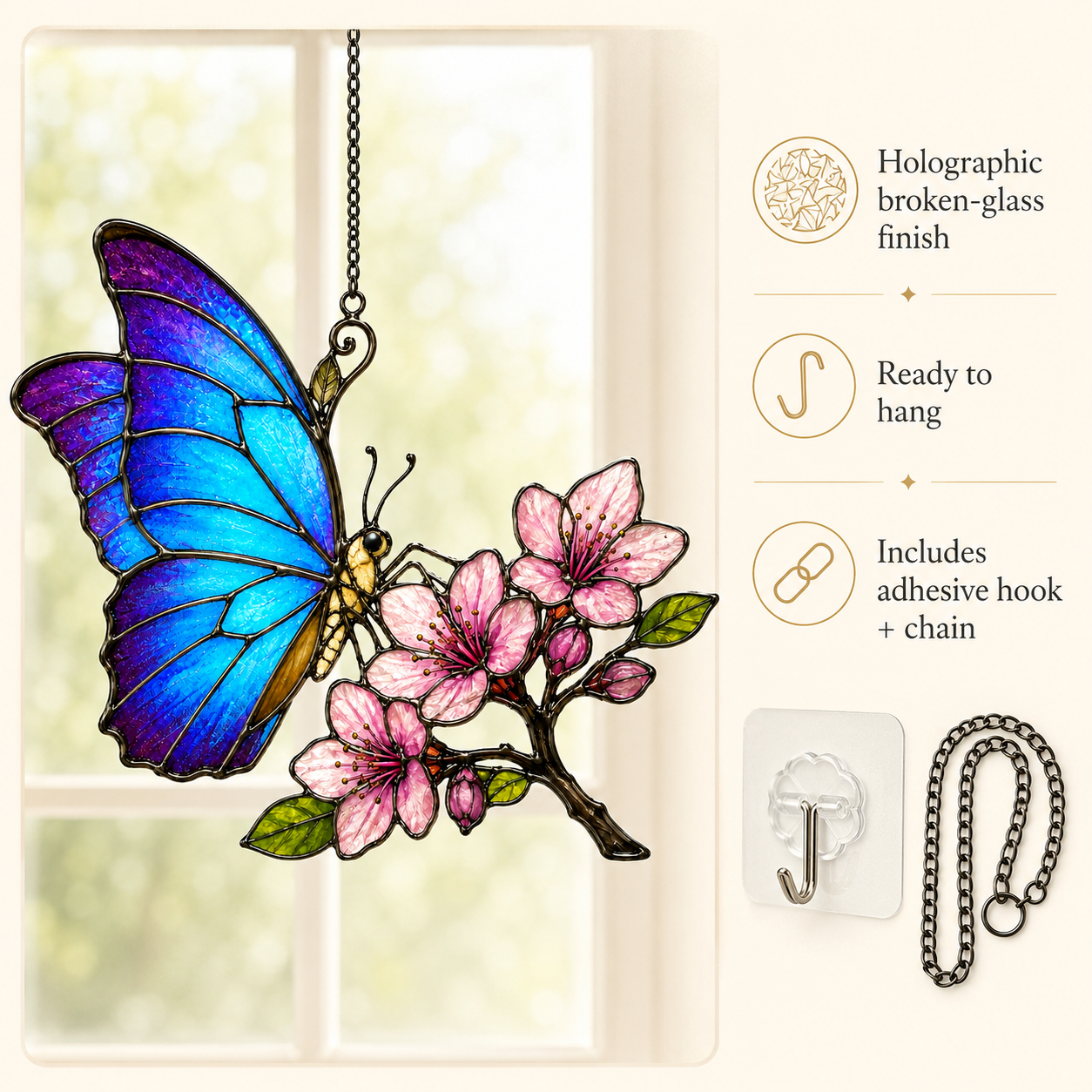 Blue Morpho Butterfly & Pink Cherry Blossom Holographic Acrylic Suncatcher