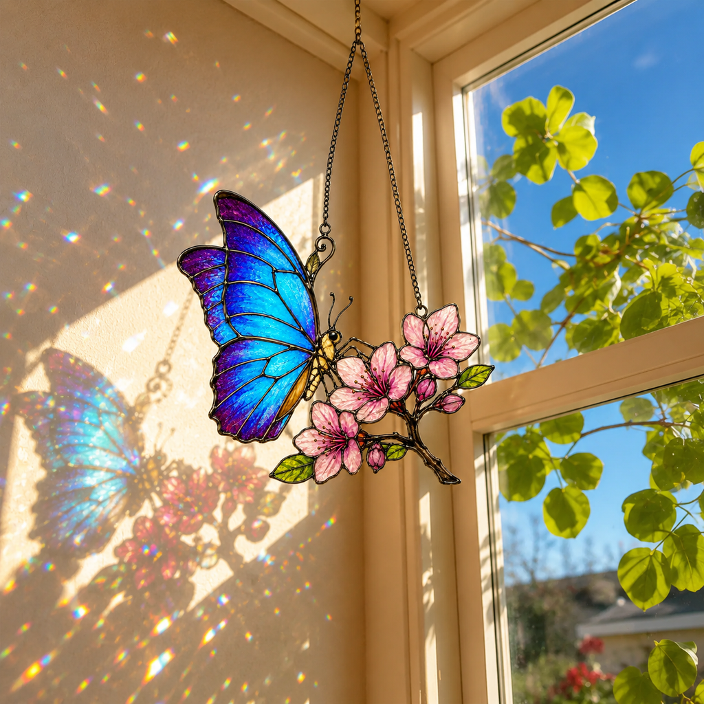 Blue Morpho Butterfly & Pink Cherry Blossom Holographic Acrylic Suncatcher