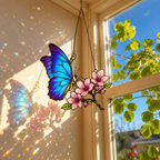 Blue Morpho Butterfly & Pink Cherry Blossom Holographic Acrylic Suncatcher