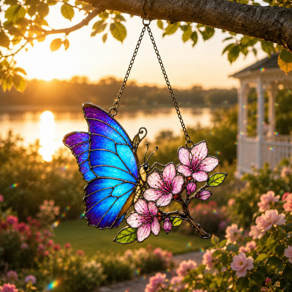 Blue Morpho Butterfly & Pink Cherry Blossom Holographic Acrylic Suncatcher