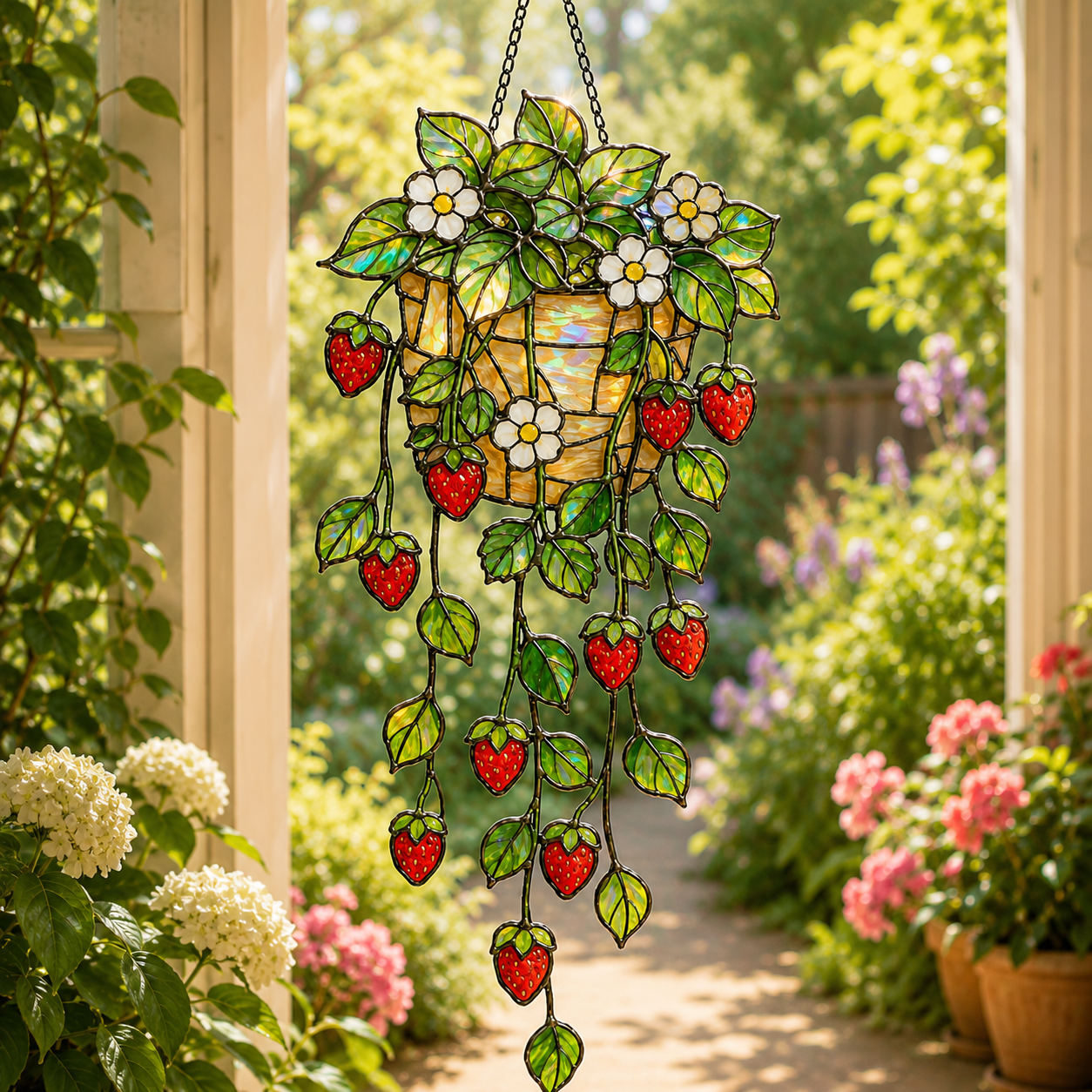 Strawberry Hanging Basket Holographic Acrylic Suncatcher