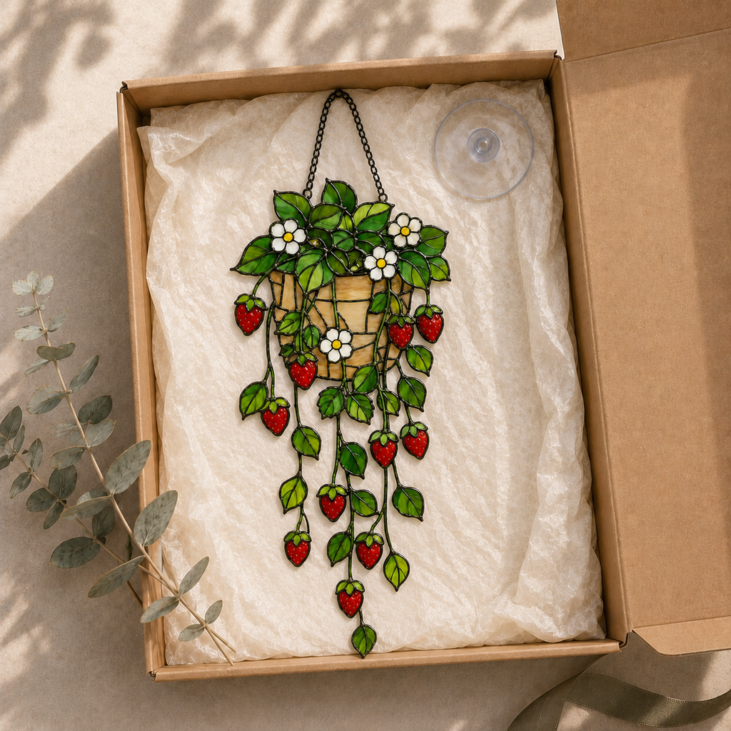 Strawberry Hanging Basket Holographic Acrylic Suncatcher