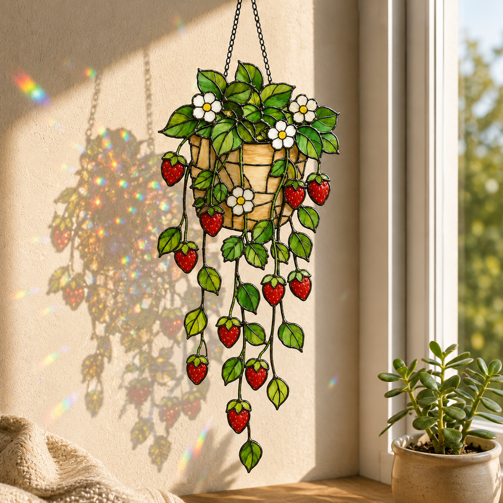 Strawberry Hanging Basket Holographic Acrylic Suncatcher