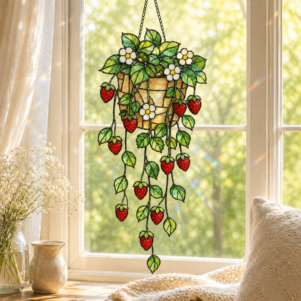 Strawberry Hanging Basket Holographic Acrylic Suncatcher
