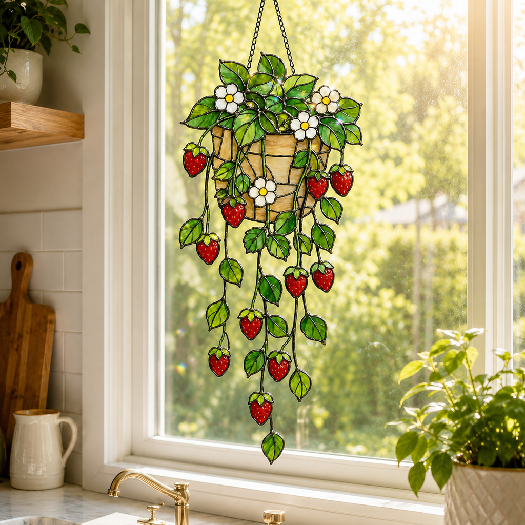 Strawberry Hanging Basket Holographic Acrylic Suncatcher