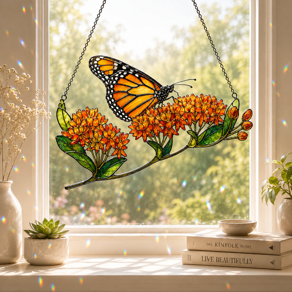 Monarch Butterfly & Orange Milkweed Holographic Acrylic Suncatcher