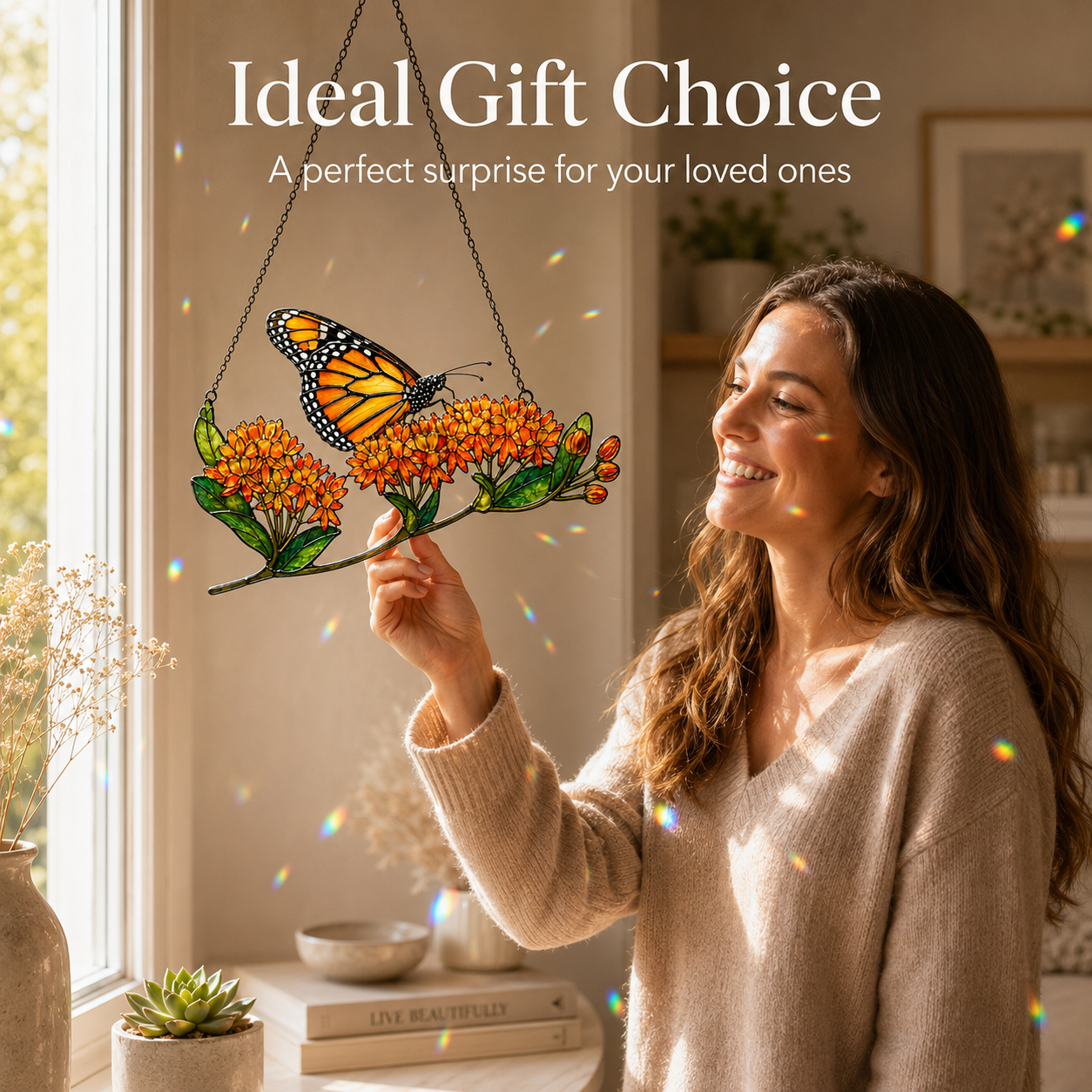 Monarch Butterfly & Orange Milkweed Holographic Acrylic Suncatcher