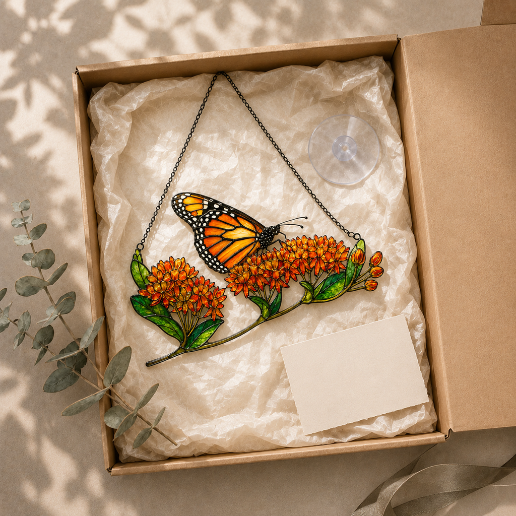 Monarch Butterfly & Orange Milkweed Holographic Acrylic Suncatcher